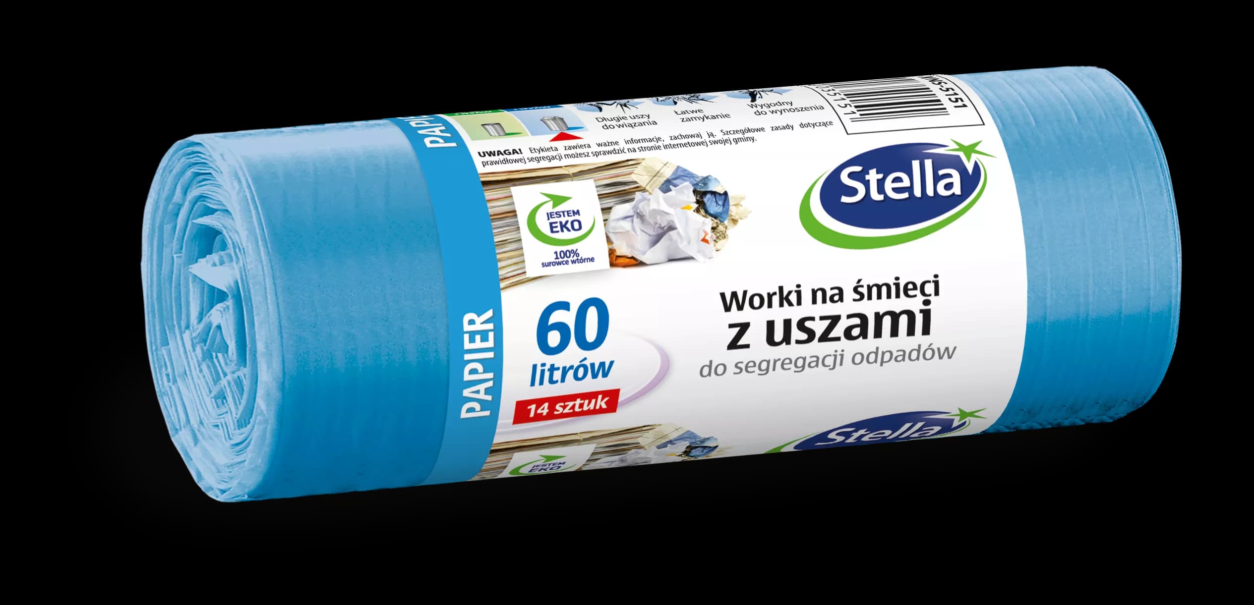 Worki na śmieci Stella 60L niebieskie — segregacja papier (14 szt.)