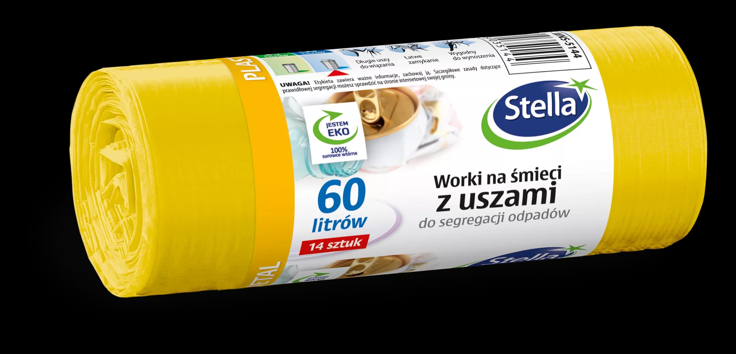 Worki na śmieci Stella 60L żółte — segregacja plastik i metal (14 szt.)